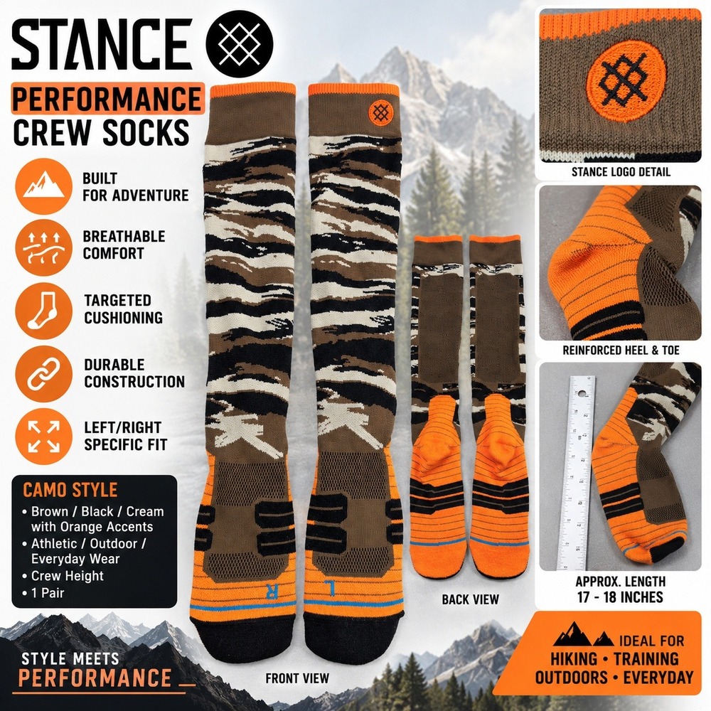 Stance Performance Crew Socks Camo Brown Orange Athletic Hiking Men L/XL